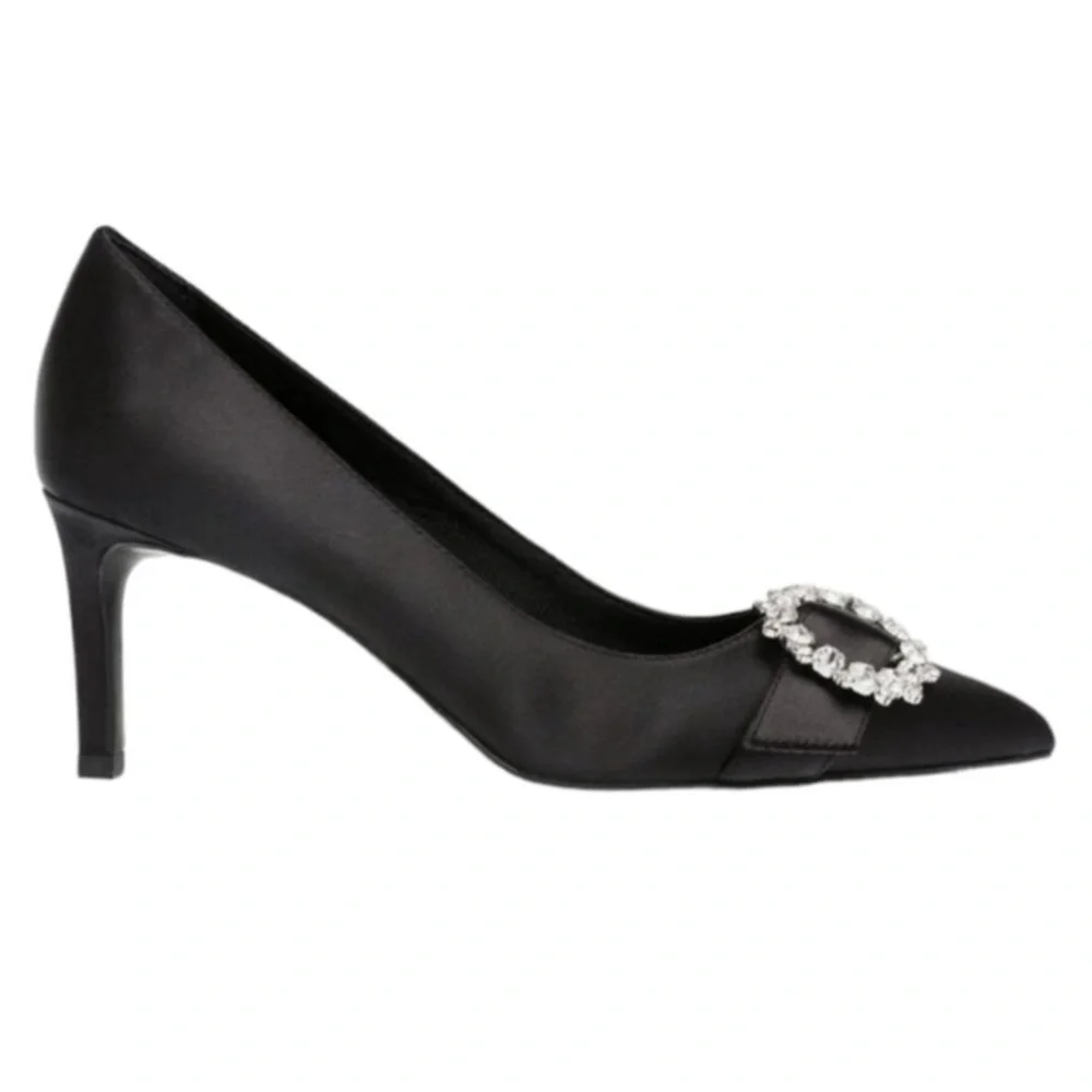 Anne Klein Raylee black satin pumps with rhinestone brooch detail Size 9.5